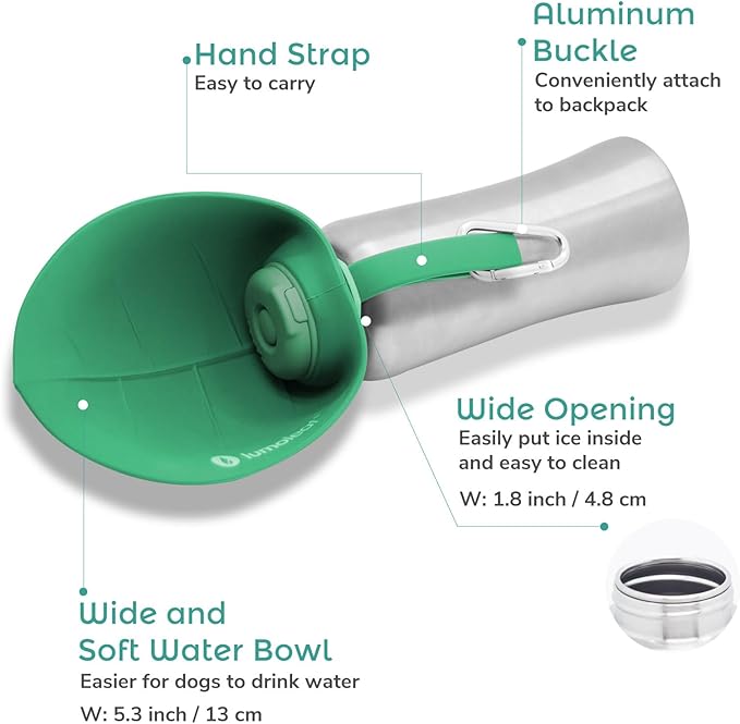 LumoLeaf Portable Dog Water Bottle 27 OZ, Stainless Steel Pet Travel Water Bottle Dispenser for Walking, Hiking and Outdoor, Portable Water Bowl for Large Dogs (Green)