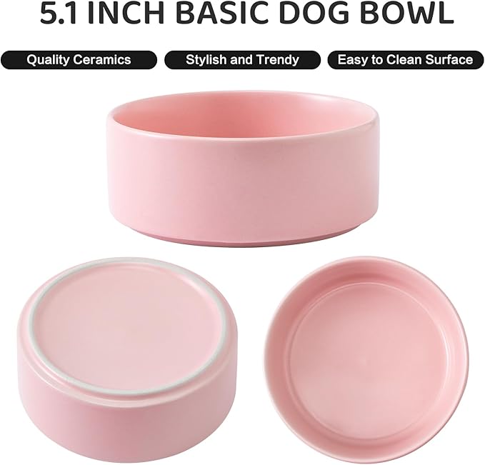 Elevated Ceramic Dog Bowl Set - Raised Dog Bowls with Non Slip Bamboo Stand, Food and Water Bowl Set for Kitty, Cats and Toy Breed Dogs, Pet Bowls, Weighted Dogs Dishes (5.1'', 2*16OZ, Pink)