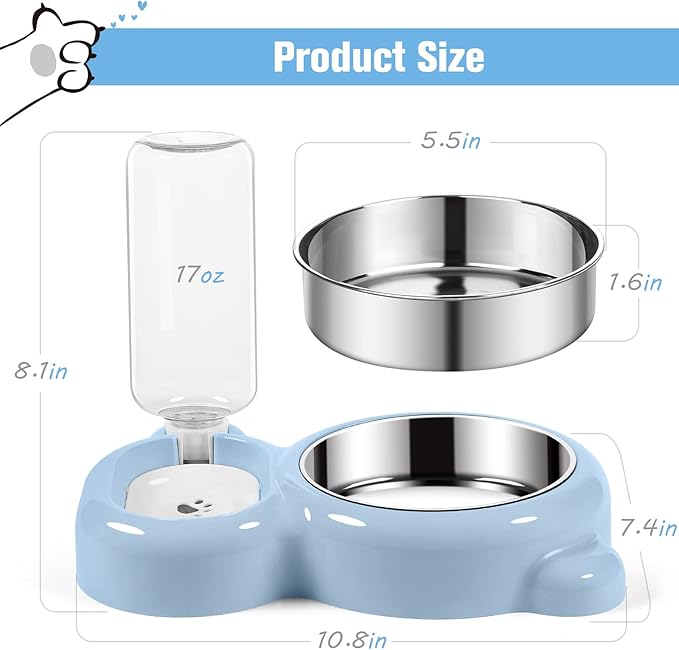 Dog Bowls, Cat Food and Water Bowl Set with Water Dispenser and Stainless Steel Bowl for Cats and Small Dogs - Light Blue