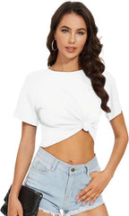 Womens Summer Crop Tops Short Sleeve Round Neck T-Shirts Loose Fit Casual Blouse