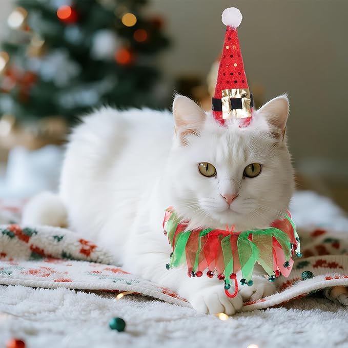 2Pcs Dog Santa Hat and Tutu Collar Set, Pet Cat & Small Dog Christmas Outfit Costume for Xmas Holiday Birthday Party