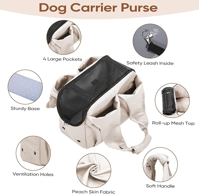 Dog Purse Carrier for Small Dogs, Cats, and Puppies – Soft-Sided Travel Pet Tote Bag with 4 Large Pockets, Foldable, Lightweight, Fits Pets up to 15 lbs, for Travel, Vet, Outings (Beige)