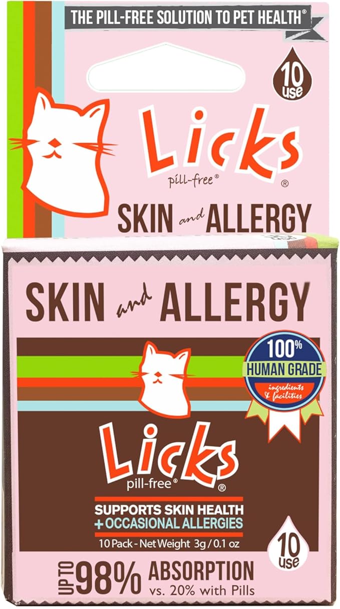 Licks Pill-Free Cat Skin & Allergy - Omega 3 Allergy Relief - Cat Vitamins & Supplements for Itchy Skin - Turmeric Supplement - Gel Packets - 10 Use
