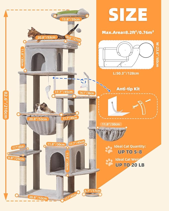 Taoqimiao 83In Heavy Duty Cat Tree, Suitable 20lb+ Large Cats, XXL-Cat Tower for Indoor Cats Large Adult, 2 Luxurious Cat Cando with 8 Scratching Posts,Oversized Metal Hammocks, Light Gray MS032W