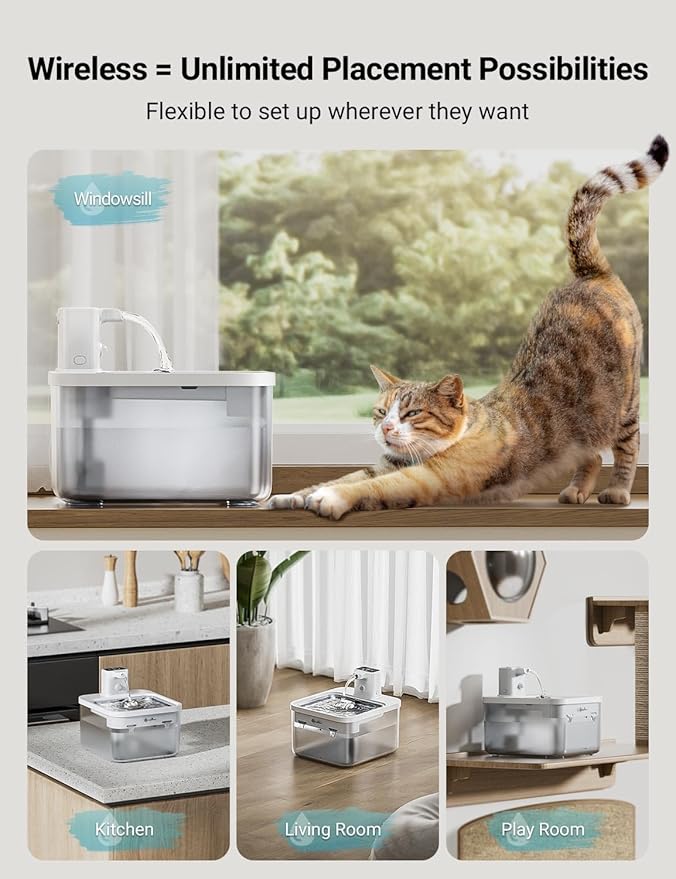 DownyPaws Battery Operated Cat Water Fountain Stainless Steel, 84oz/2.5L Fursink Wireless Pet Water Fountain for Cats Inside, Automatic Dog Water Dispenser with Faucet, Quiet Pump, BPA-Free, White