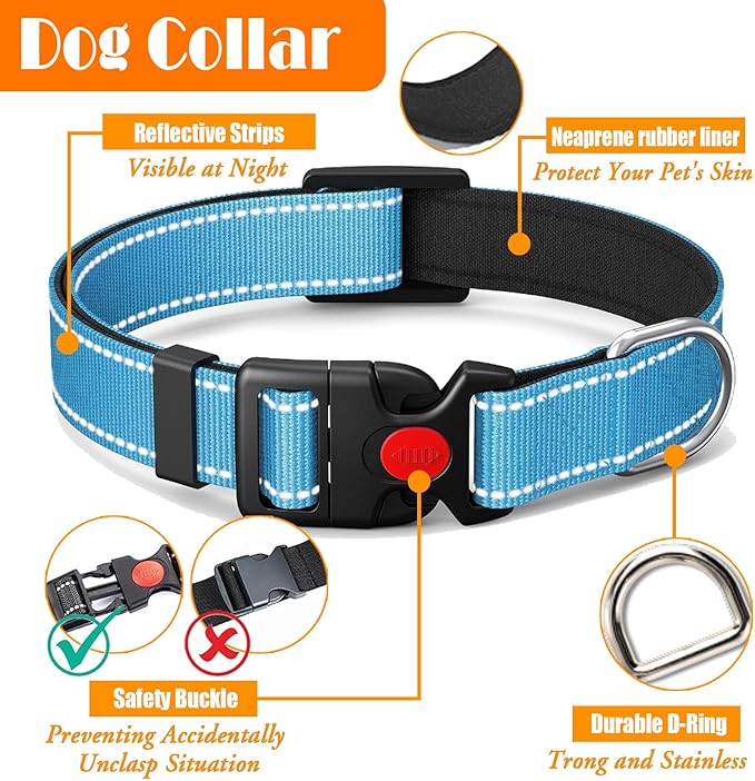 No Pull Dog Harness, Collar & Leash Set with Retractable Dog Seat Belt, Collapsible Dog Bowls and Poop Bag Dispenser - Ideal for Training, Walking, Hiking - Fits Small to Large Dogs(Blue-M)