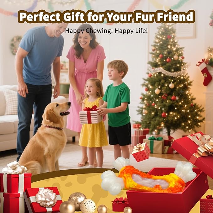 Dog Toys for Aggressive Chewers, Indestructible Dog Chew Toy for Large Dogs, Tough Dog Toys to Keep Them Busy for Small Medium Large Breed, Dog Chew Bone Toy, Bacon Flavor (Orange Bone)