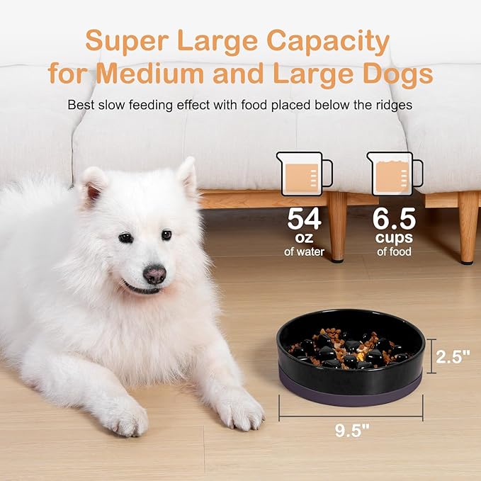 Sted Ceramic Slow Feeder Bowl for Medium Large Breed Dogs - Puzzle Food Bowl With Silicone Base for Fast Eaters, Slows Down Eating - Maze Black