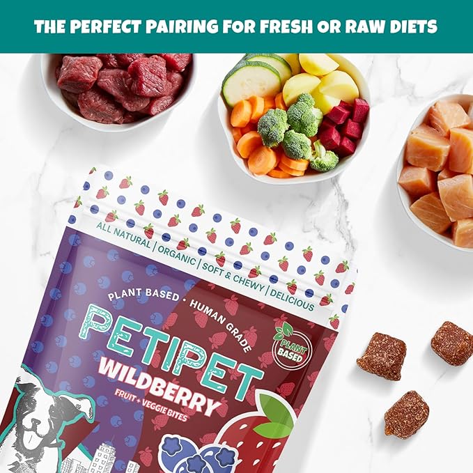 Wildberry Plant-Based Fruit Dog Treats - Strawberry, Apple, Blueberry Soft & Chewy - Vegetarian, Vegan Dog Treats with Organic Ingredients - Low-Protein, Hypoallergenic, Gluten-Free