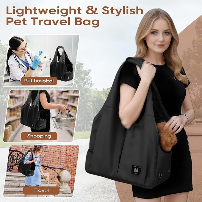 Dog Purse Carrier for Small Dogs, Cats, and Puppies – Soft-Sided Travel Pet Tote Bag with 4 Large Pockets, Foldable, Lightweight, Fits Pets up to 15 lbs, for Travel, Vet, Outings (Black)