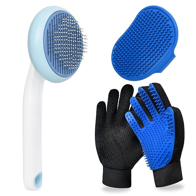 GJEASE Cat Grooming Glove Brush,Self-Cleaning Slicker Pet Brush for Short and Long Haired Pets,Dog Bath Brush for Shedding and Grooming,Removes Loose Hair and Tangles,Promote Circulation