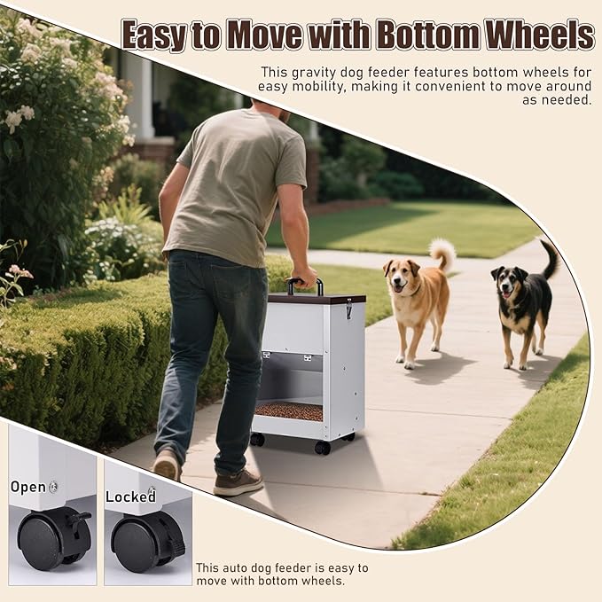Outdoor Automatic Dog Feeder Large Breed 28 Lbs Capacity, Galvanized Metal Self Feeding Dog Food Dispenser with Clear Door, Gravity Pet Feeder Wall Mountable, Easy to Move with Wheels