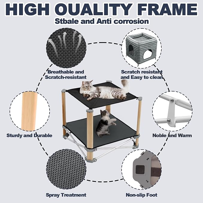 Pozico 2-Tier Collapsible Cat Beds & Furniture, 2 Layer Pine Construction Cat Hammocks, Cat Houses for Indoor Cats, Cat Bed Cave for Multiple or Large Cats up to 30 lbs, All-Season Comfort-Grey-S