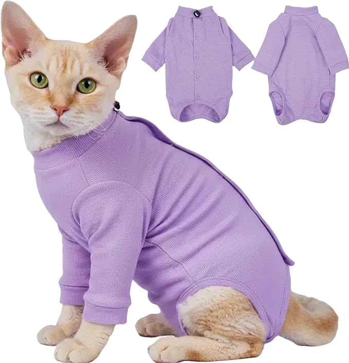 Cat Recovery Suit Male & Female Neuter, Cute Kitten Onesie for Cats After Surgery, Soft Fabric Cat Spay Clothes for Kittens, Kitten Surgical Pajamas for Girls, Cone Alternative Body Suit(Purple, S)