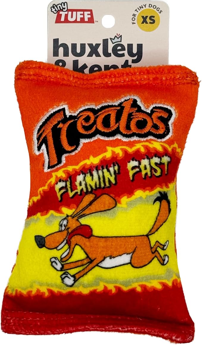 Huxley & Kent Funny Dog Toy w/Squeaker – Power Plush Squeaky Dog Toys for Small Dogs – Durable Small Stuffed Animal for Indoor Play & Fetch - Tiny Tuff Treatos Snacks