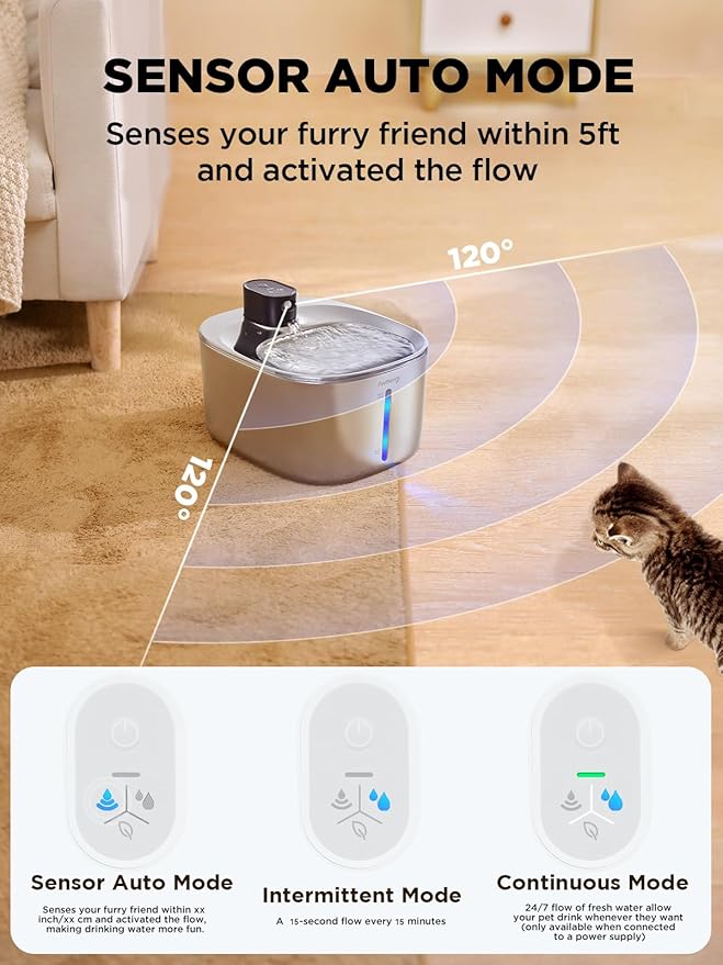Cordless Cat Water Fountain, Battery Operated, 4L/135fl oz Stainless Steel Pet Water Fountain for Cats Dogs with Motion Sensor, Ultra Quiet Cat Drinking Fountain with 6 Filters (YPD-C004S)