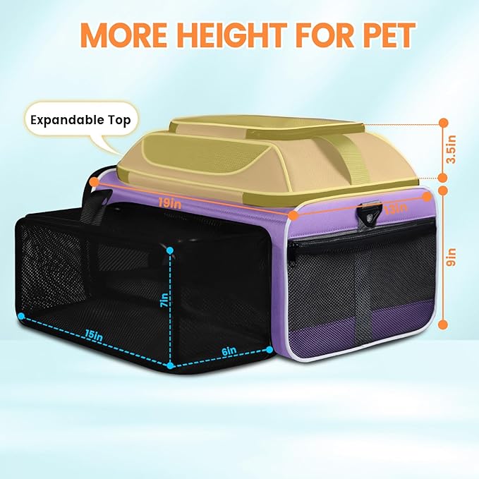 Petskd Top and Side Expandable Pet Carrier 19x13x9 Inches Southwest Allegiant Airlines Approved, Soft-Sided Carrier for Small Dog Under 12 lbs and Large Cat Under 15 lbs(Purple)