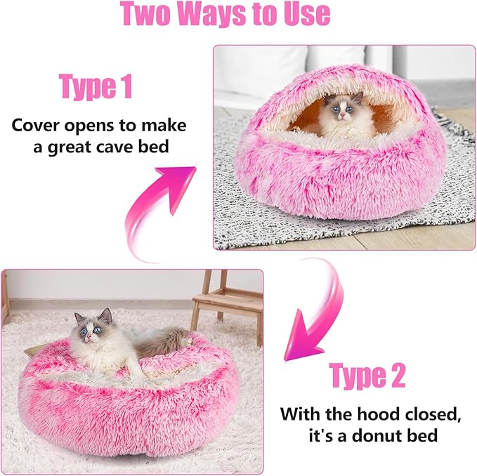 Cat Beds & Dog Bed with Cover Cave, Dog Beds for Small Dogs, Round Soft Plush Donut Calming Pet Bed for Indoor Cats or Small Dog, Washable Puppy Bed with Non-Slip Bottom-24inch