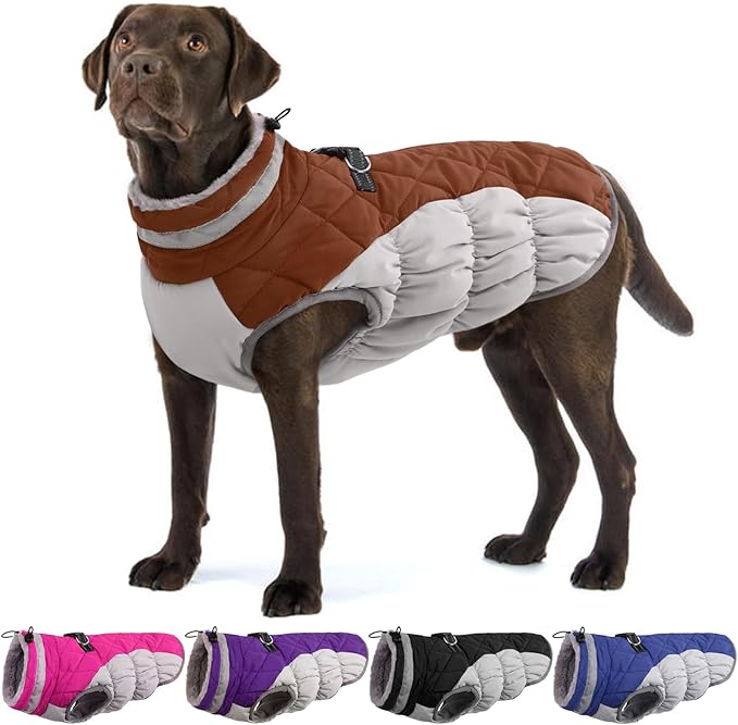 Dog Jackets for Large Dogs, Large Dog Winter Coat, Pet Cold Weather Coats, XXXL Pet Jacket with D-Ring, Waterproof Coat with Back Zipper,Snowsuit Labrador German Shepherd Doberman,Brown,XXXL