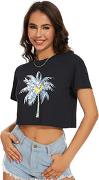 Womens Summer Crop Tops Short Sleeve Round Neck T-Shirts Loose Fit Casual Blouse