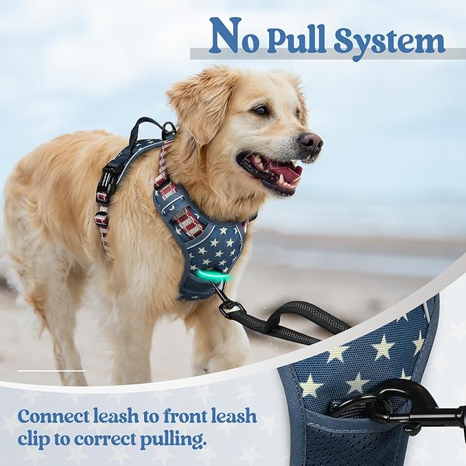 rabbitgoo Dog Harness No Pull with 2 Leash Clips, Adjustable Soft Padded, Reflective Oxford No Choke Pet Vest with Easy Control Handle for Large Dogs, Blue Star, XL