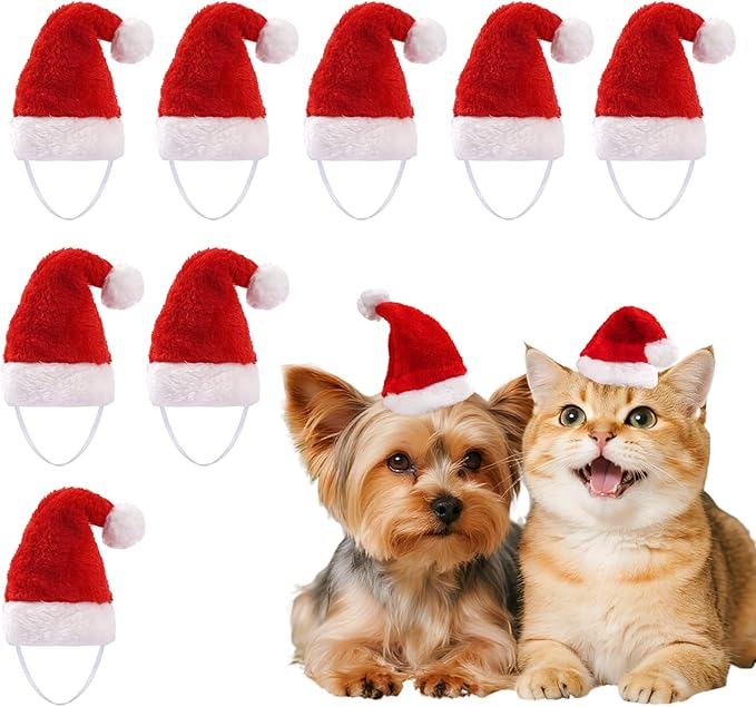 Nydotd 8 Pieces Dog Santa Hat PET Christmas Hat Small Santa Cat Hats Soft Plush Christmas Costumes Supplies for Tiny Dog Cat Puppy Kitten Crafts