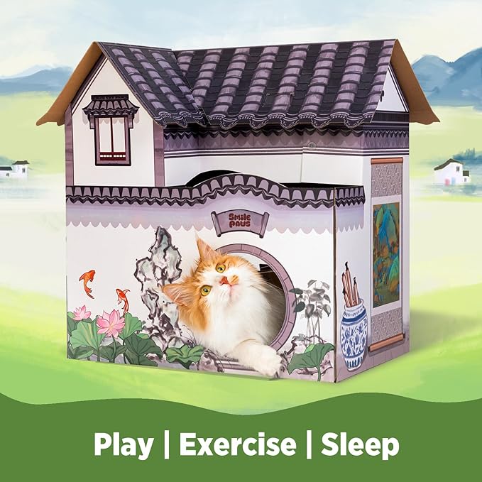 SMILE PAWS Cat Beds for Indoor Cats, Cardboard House with Scratchers, Tea House, Large Sturdy Cat Furniture Condo Cave Tent, Easy to Assemble Pet Toys Accessories Stuffs, Bunny Small Animals