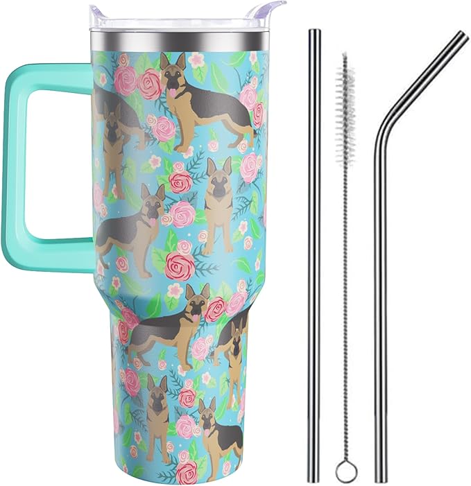 German Shepherd Gifts for Women Dog Lovers 40 oz Floral German Shepherd Tumblers with Handle and Straw, Stainless Steel Vacuum Insulated Travel Coffee Mug Cup Water Bottle