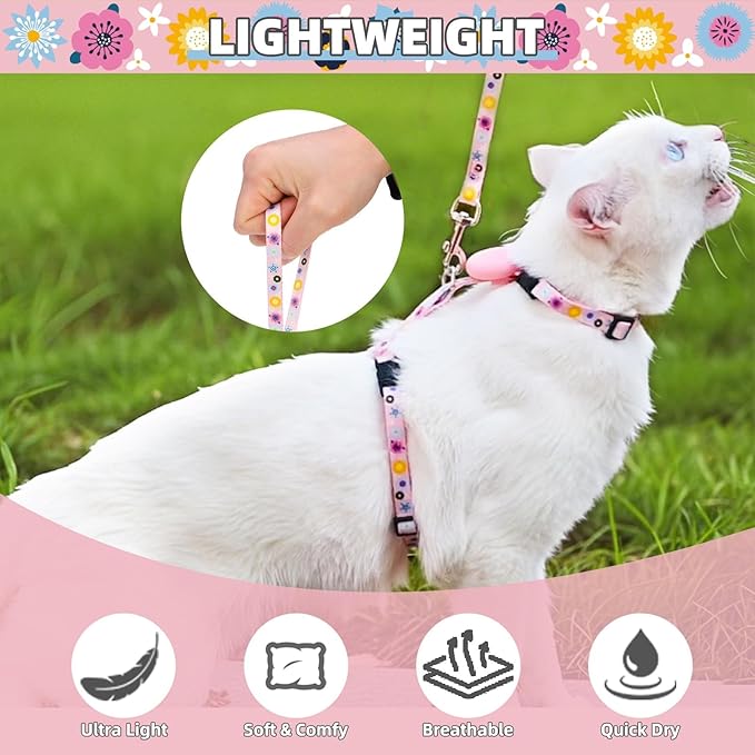 PUPTECK Adjustable Cat Harness and Leash Set Escape Proof Kitten Strap Collar for Walking Travel, Floral Pattern