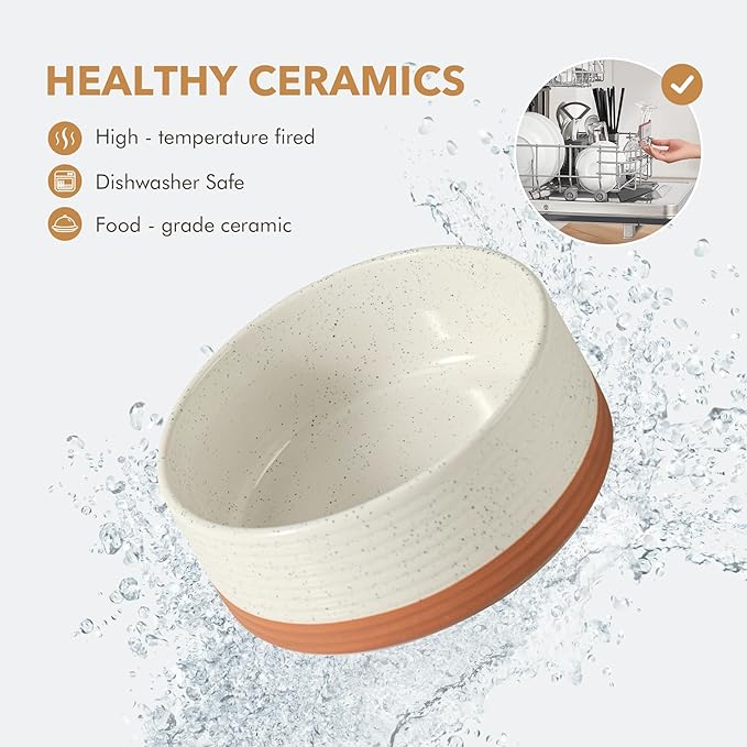 Ceramic 7.3inch Raised Double Dog Bowls Set with Acacia Wood Stand, Food & Water Bowls for Medium Breed Dogs, Weighted Pet Dishes(41oz, Vanilla White)