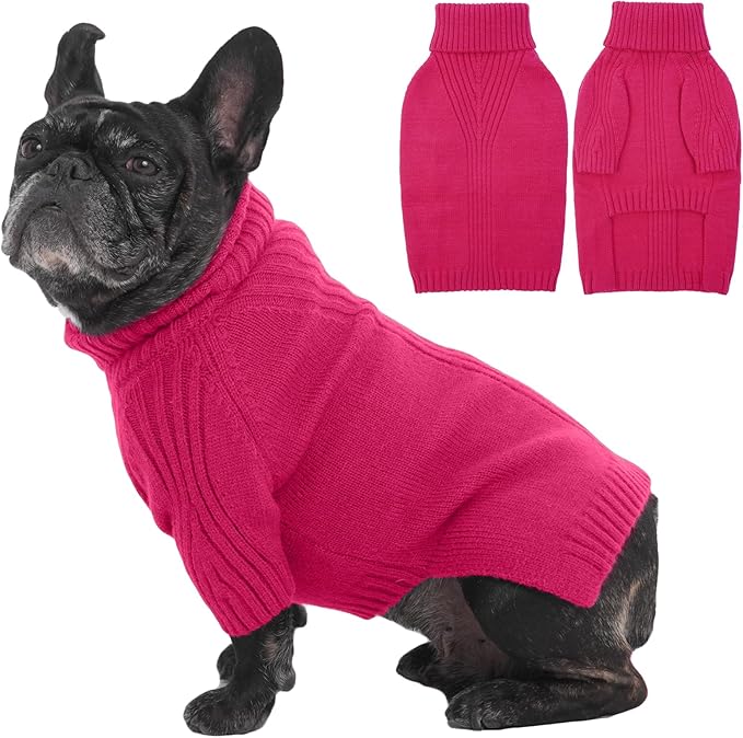 IECOii Dog Sweaters for Medium Dogs Girl Boy,Holiday Knit Doggy Sweatshirt with Sleeve,Turtleneck Thick Warm Dog Sweaters for Winter,Pullover Knitwear for French Bulldog,Boston Terrier (Rose red, L)