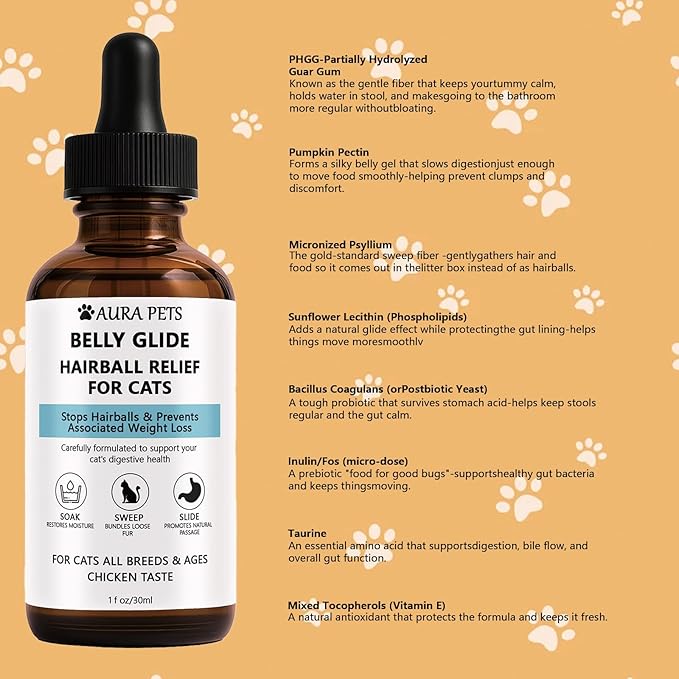 Aura Pets Natural Hairball Drops for Cats, with Vitamins, Aids Hairball Control and Digestive Health (1pcs)