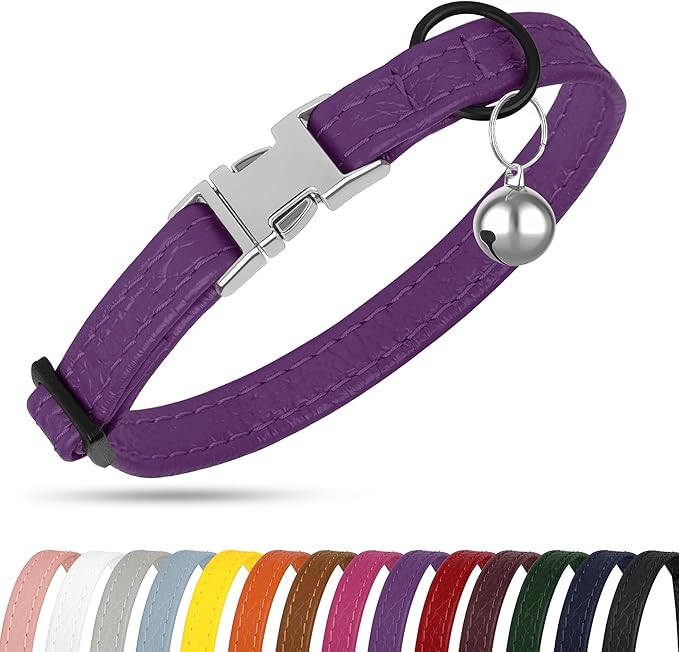 Leather Cat Collar with Buckle and Removable Bell - Non Breakaway Adjustable Soft Safety Small Pet Collars for Girl Boy Cats Kitten (Purple)