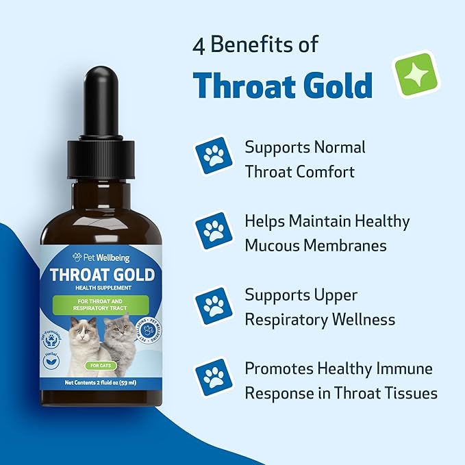 Pet Wellbeing Throat Gold for Cats - Cat Respiratory Support, Occasional Cough & Hoarseness with Mullein & Slippery Elm - NASC Certified & Vet-Formulated - 2 oz Liquid Formula