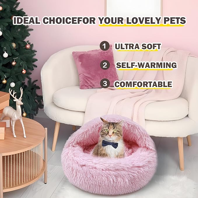 Cat Bed Calming Cat Beds,Indoor Washable Cat Bed，Anti-Slip Faux Fur Fluffy Cuddler Anxiety Cat Bed,Warming Cuddler Cushion Bed for Small Medium Dogs and Cats (Pale Pink, 20 * 20inch)