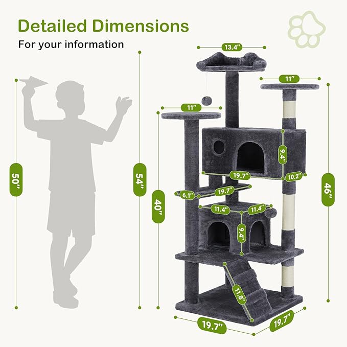 DUMOS 54-inch Indoor Cat Tree Tower –Multi-Level Pet House for Large Cats with 2 Condos, Scratching Posts, Round Platform, Small Ladder, and Toys – Perfect for Cats of All Ages, Dark Grey