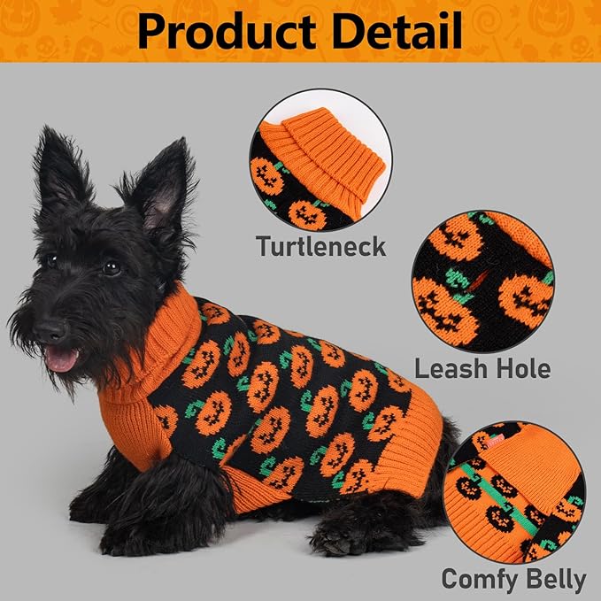 KYEESE Halloween Dog Sweater with Leash Hole Cute Pumpkin Design Winter Warm Turtleneck Cozy and Comfortable Orange Knitwear for Small Dogs Boy Fall Holiday Apparel Halloween Doggy Sweater, Large