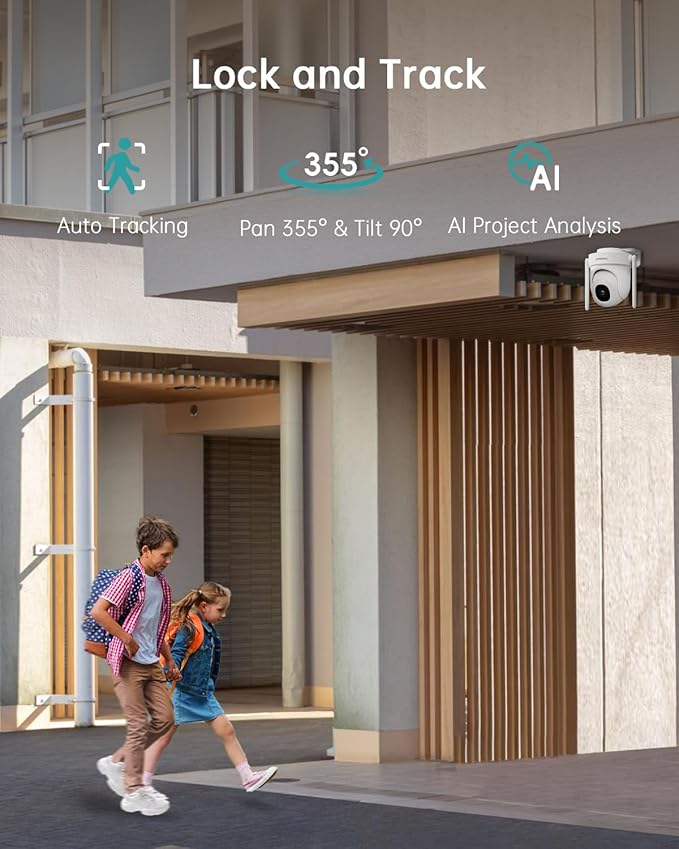 ZUMIMALL 5MP Outdoor Camera 2-Pack - 24/7 Recording Wired Power, Support 5GHz WiFi | Motion & Noise Detection, 360° PTZ Auto Tracking, Color Night Vision | IP66, Alexa Google Compatible