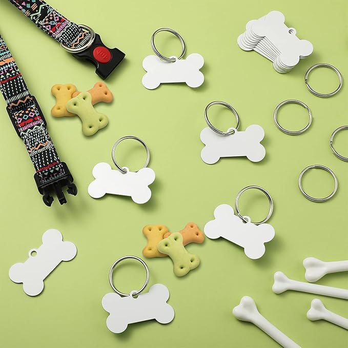 Hotop 16 Pieces Sublimation Blank Dog Tags Aluminum Bone Shaped Pet Name ID Tags Double Sided with 16 Pieces Key Rings for Dogs and Cats