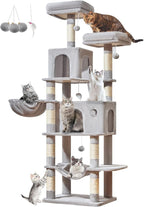 Taoqimiao Large Cat Tree，73-Inch Cat Tree Tower with 9 Scratching Posts for Indoor Cats, 2 Large Cat Condo with Hammock, Hanging Basket, 2 Extended Platform, Light Gray MS013XLW
