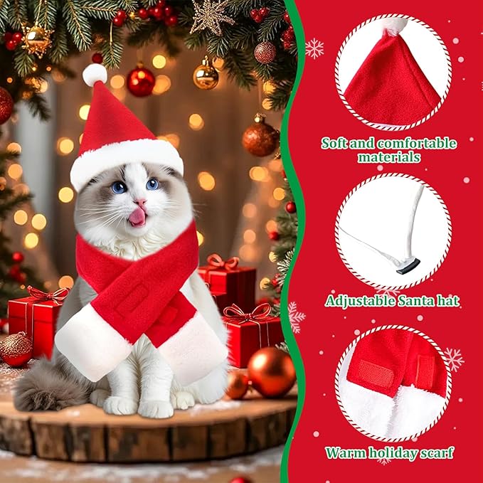 2 Pcs Pet Christmas Hat and Scarf Set, Santa Costume Accessories for Small Dogs and Cats, Adjustable Holiday Outfit for Puppy Kitten Xmas Party and Winter Dress Up