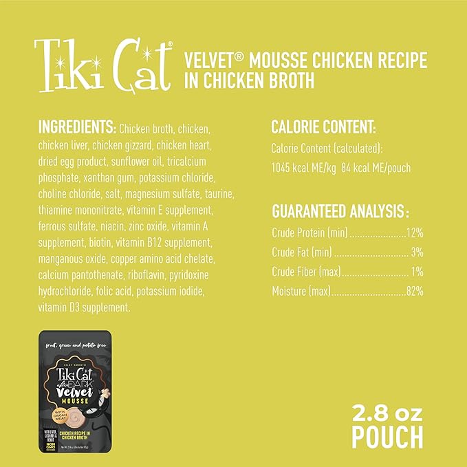 Tiki Cat After Dark, Velvet Mousse, Chicken Recipe in Chicken Broth, Grain & Potato Free Formula, with High Protein & Nutrient Dense Blended Irresistible Organ Meat, 2.8 oz. Pouch (12 Count)