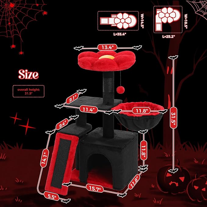 PETEPELA Gothic Cat Tree for Indoor Cats, 31.5'' Small Flower Cat Tower Condo with Sisal Scratching Ramp, Cozy Hammock and Removable Flower Cat Bed Perch for Kittens, Black