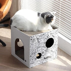 Cardboard Cat House with 2PCS Scratcher Pad Large Cat Scratchers Lounge Bed for Indoor Cats Cat Scratching Board & Cat Scratcher Box for Bunny/Cats Animals. (White-Graffiti)