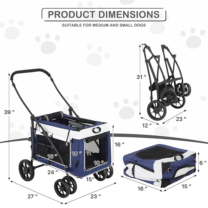 MoNiBloom Dog Cat Stroller for Dogs Cats, 4 Wheels Pet Stroller Jogger w/Detachable Carrier, Travel Strolling Cart, Soft Collapsible Dog Crate
