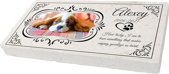 Personalized Pet Memorial with Keepsake Photo on Limestone - Headstones, Garden Stones, and Grave Markers for Dogs - Dog Memorial Stone, Pet Memorial Gifts - 12”x 6”x1.25" C (A. Alexey Design)