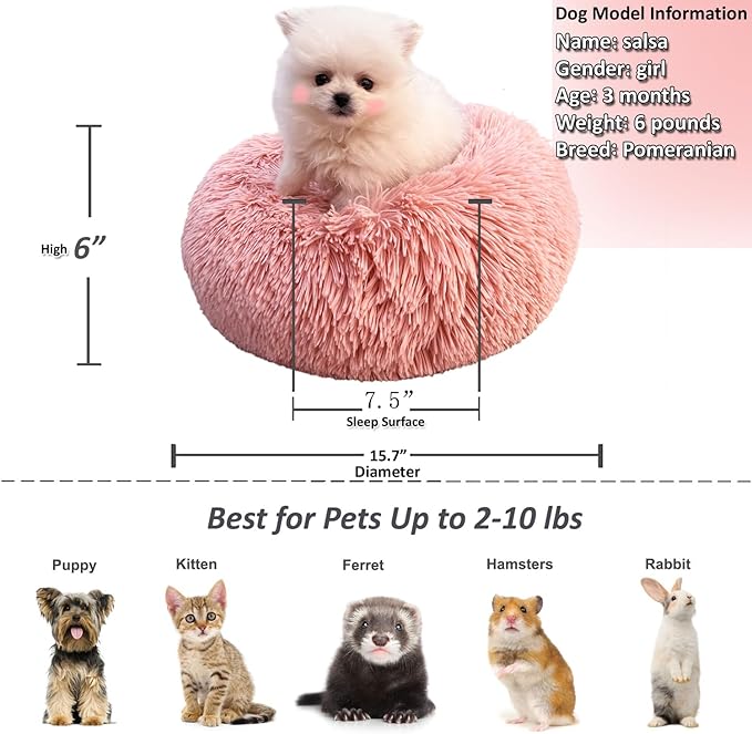 Pink Puppy Bed 15 Inch Washable, Donut Soft Small Pet Bed,Calming Anti Anxiety Round Fits up to 5 lbs Warm Comfort Pets Beds for Puppy Dogs Indoor…