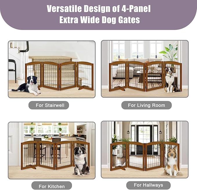 LZRS 4-Panel Freestanding Wooden Dog Gate—Extra Wide 30” Tall Foldable Pet Barrier with Support Feet, Solid Hardwood & Steel Wire Safety Gate for Doorways, Hallways, and Stairs, Cherry