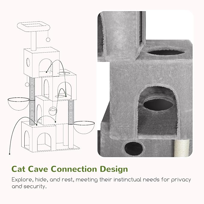 Globlazer Cat Tree Tower Cat Condo for Mutilple Indoor Cats, 70in Tall Cat Tree Furniture Activity Center with 4 Cat Condos, 3 Scratching Posts, 2 Hanging Baskets, Padded Top Perch, F70C, Light Gray