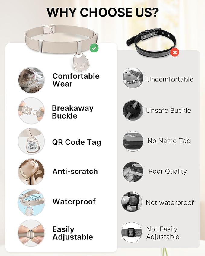 Cat Collar with QR Code Name Tag, Breakaway Kitten Collar for Boy & Girl Cats, Ultra Soft Elastic Adjustable Band, Safety Break Away Buckle, Comfortable & Secure Pet ID Collar (6"-12"), Khaki